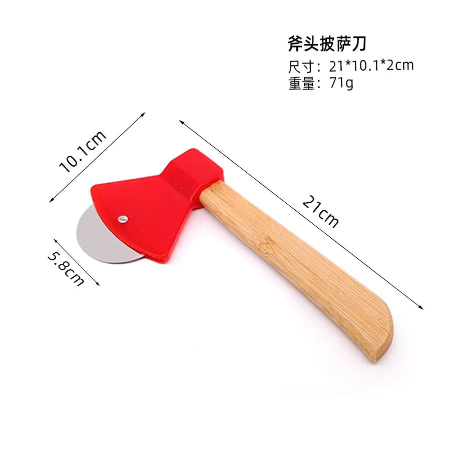 1Pcs Pizza Cutter Wheel, Axe Shaped Stainless Steel Pizza Knife with Bamboo Handles and Sharp Rotating Blades, Pizza Slicer Roll