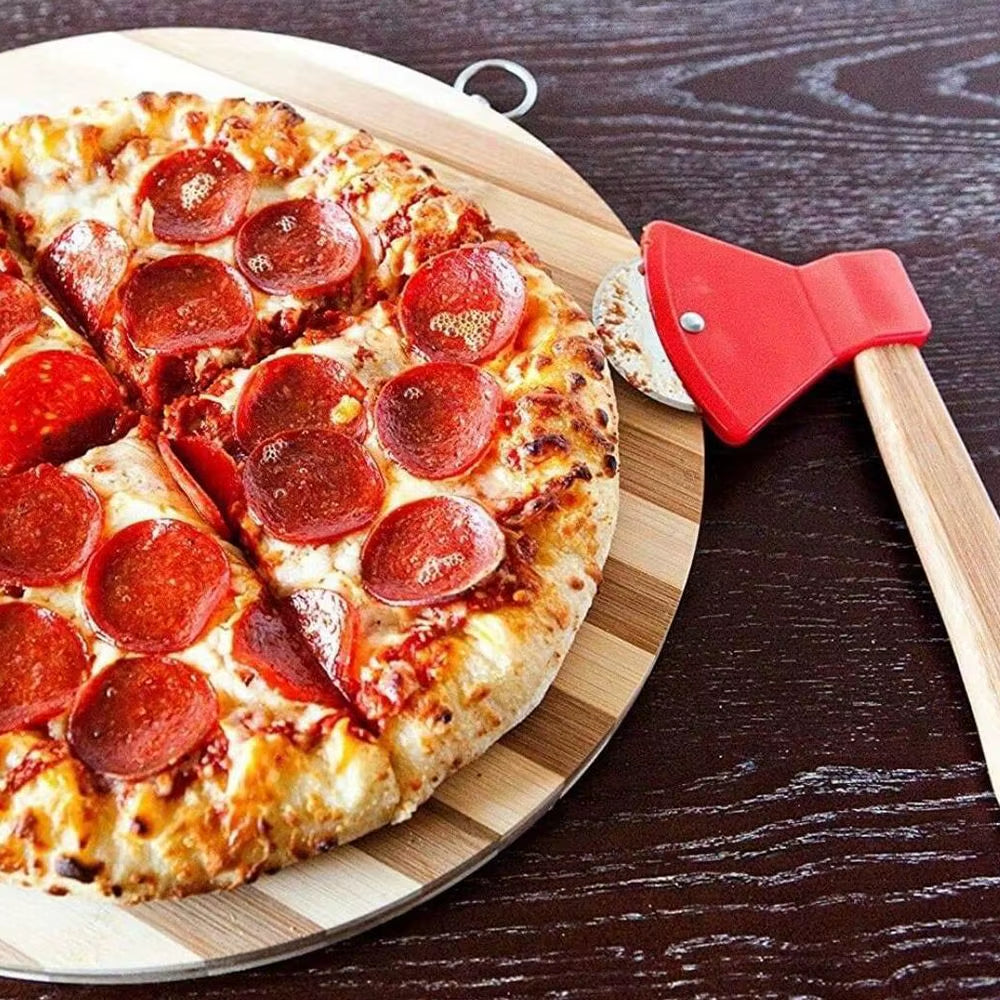 1Pcs Pizza Cutter Wheel, Axe Shaped Stainless Steel Pizza Knife with Bamboo Handles and Sharp Rotating Blades, Pizza Slicer Roll