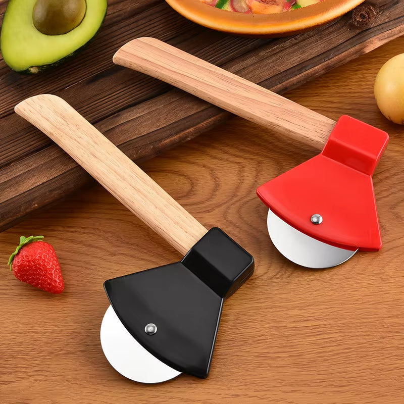 1Pcs Pizza Cutter Wheel, Axe Shaped Stainless Steel Pizza Knife with Bamboo Handles and Sharp Rotating Blades, Pizza Slicer Roll